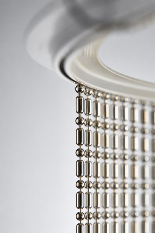 Nickel Plated or Aluminum or silver colored Ball-Bar metal ball chain hanging vertically on circular track