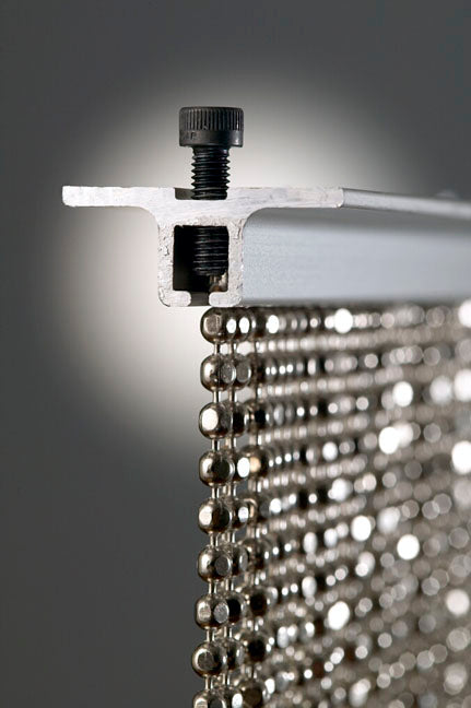 Nickel Plated or Aluminum or silver colored Faceted metal ball chain hanging vertically on ShimmerScreen track with flanges
