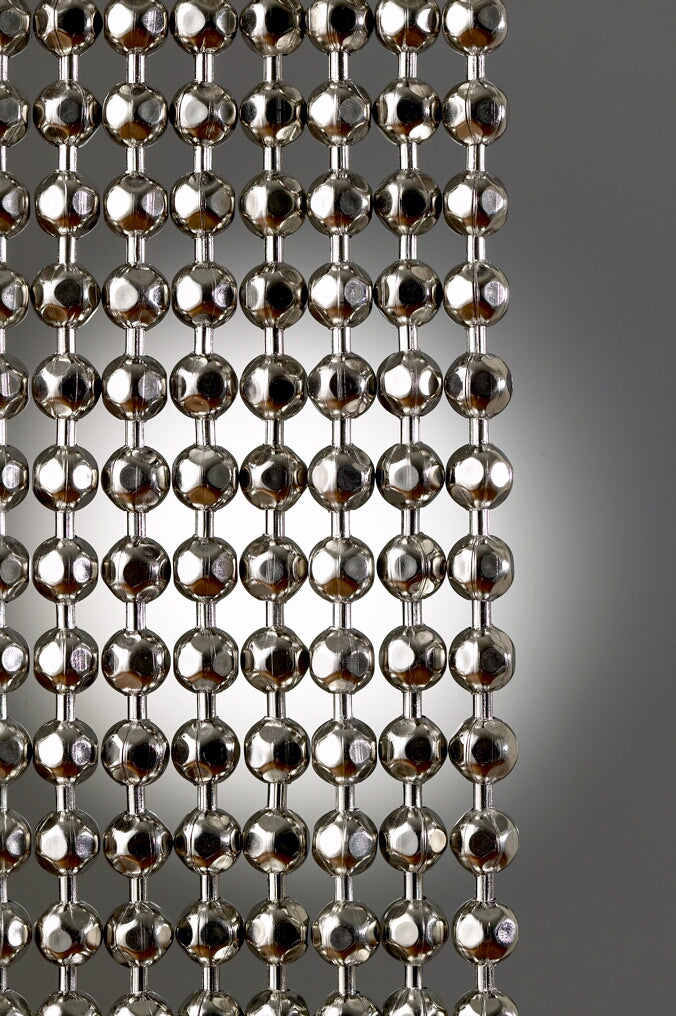 Nickel Plated or Aluminum or silver colored Faceted metal ball chain hanging vertically