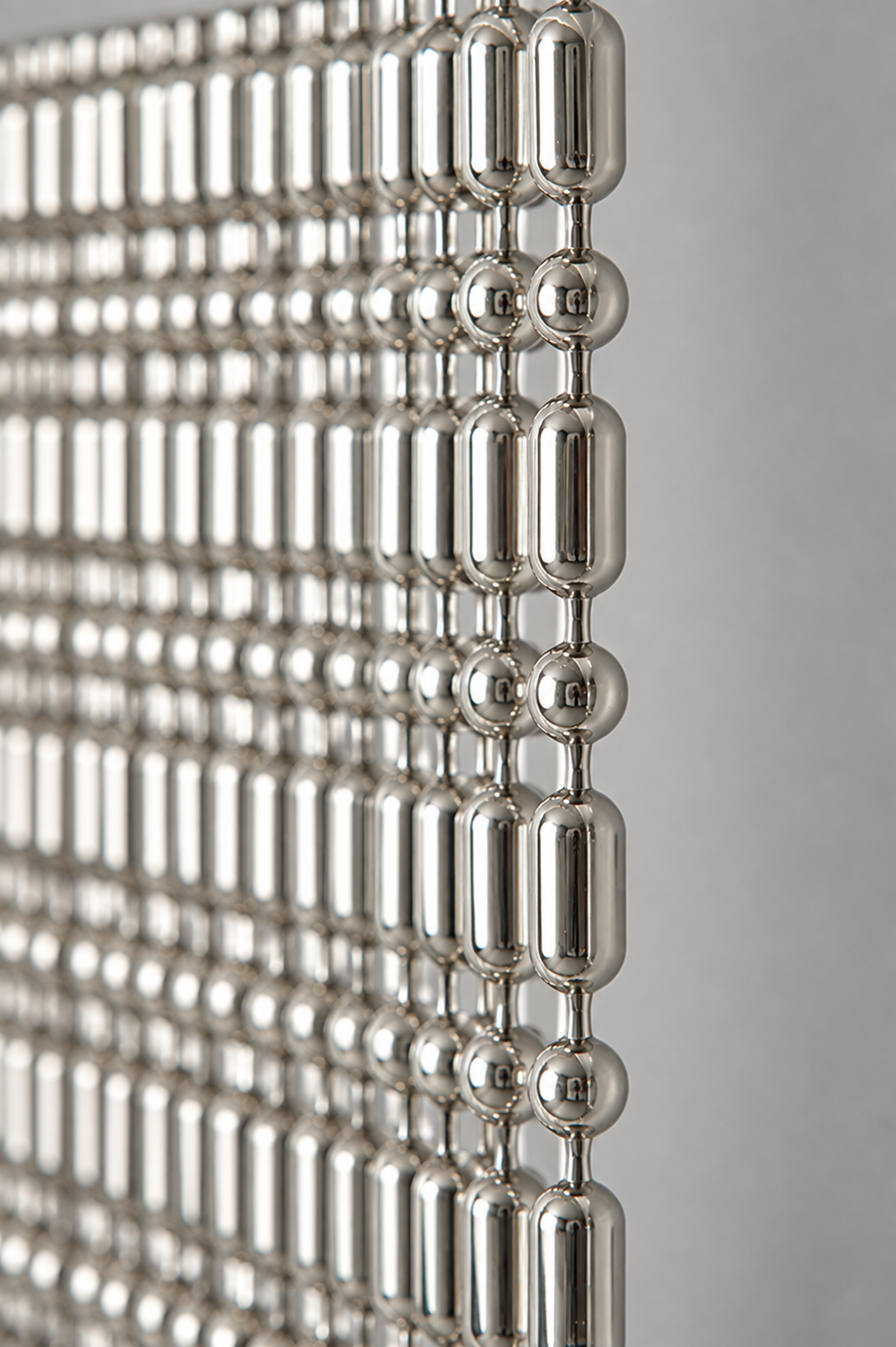 Nickel Plated or Aluminum or silver colored Ball-Bar metal ball chain hanging vertically