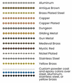 A reference chart showing rows of small metallic and colored metal bead ball chain with labels on the right listing material / finish options
