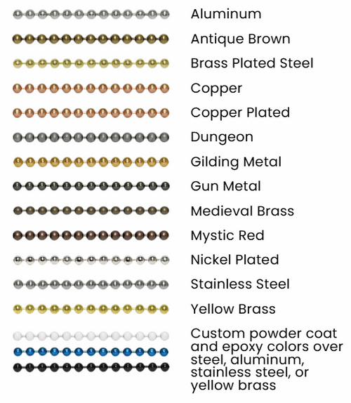 A reference chart showing rows of small metallic and colored metal bead ball chain with labels on the right listing material / finish options