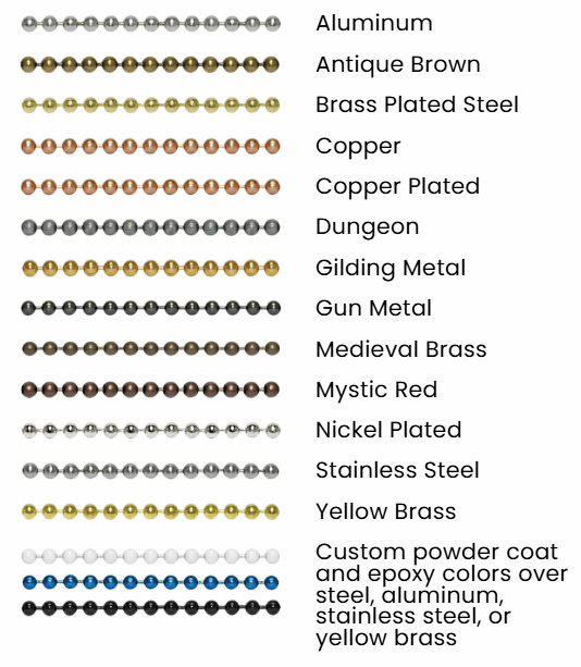 A reference chart showing rows of small metallic and colored metal bead ball chain with labels on the right listing material / finish options